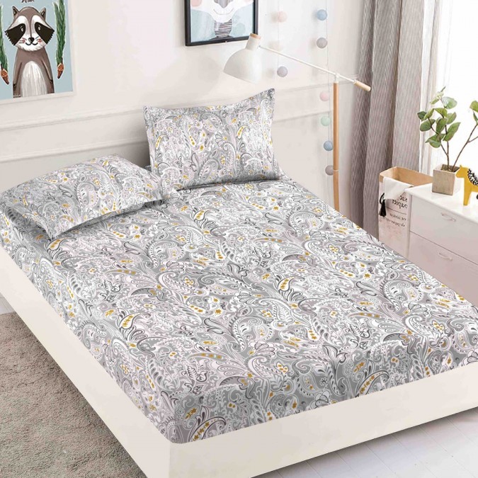 Cearsaf cu elastic, Bumbac FINET, 160/180x200cm, 2 fete de perne 50x70cm, Jojo Home, Gri, model floral