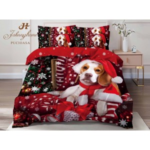 Lenjerie pat dublu,  FINET, Digital Print, Craciun, Roșu, Negru, cățel, fulgi de nea