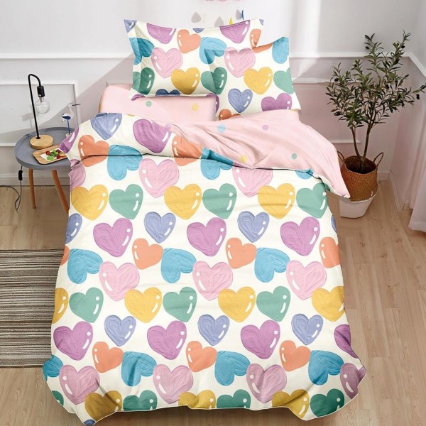 Lenjerie pat 140x200cm,  FINET, 4 piese, cu ELASTIC, Roz-Bleu, inimioare [1]
