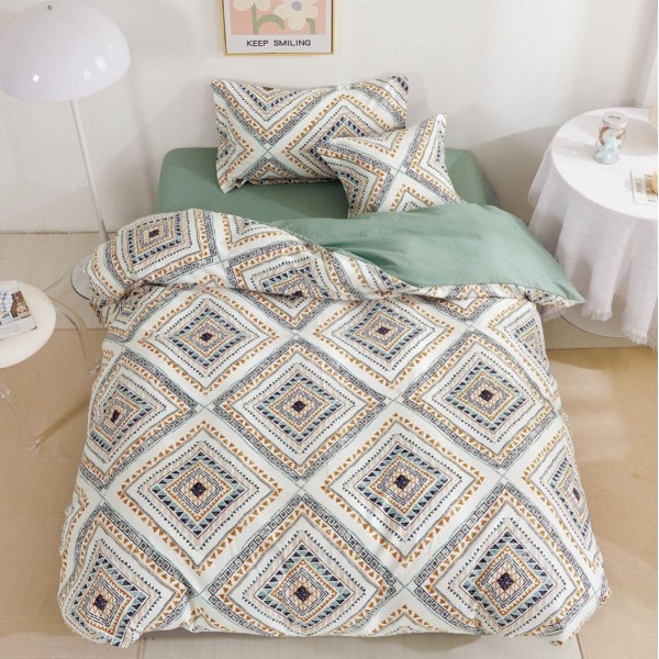 Lenjerie pat 140x200cm,  FINET, 4 piese, cu ELASTIC, Verde, romburi [1]