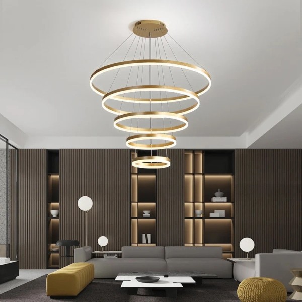 Lustra LED Tip Pendul RFAN, Model F315/5, Cu Telecomanda, 3 Tipuri De Lumina, Inaltime Reglabila, 372W, Auriu [1]