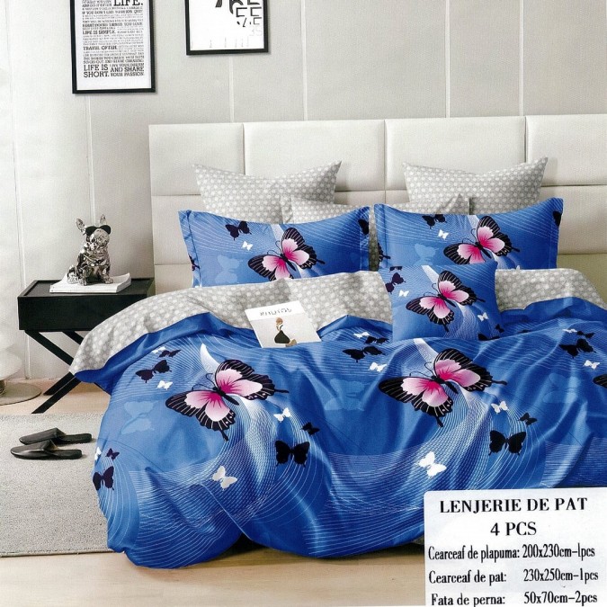 Lenjerie pat dublu cu două feţe, 4 piese, Bumbac Satinat Superior, Albastru, fluturi