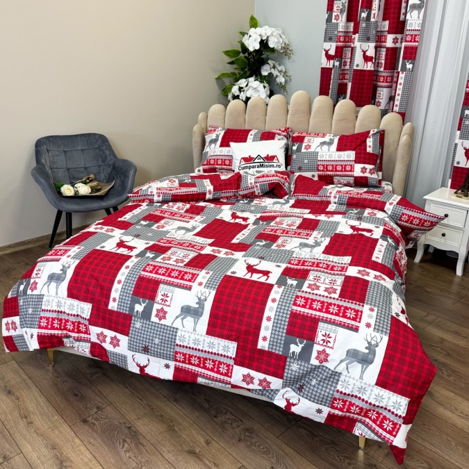 Set Lenjerie Pat Dublu Crăciun 4 Piese + 2 Draperii 150x235cm din Bumbac Ranforsat – Confort și Eleganță, Fabricat în România, Alb,Gri, Rosu, Fulgi de Zapada, Reni, Carouri