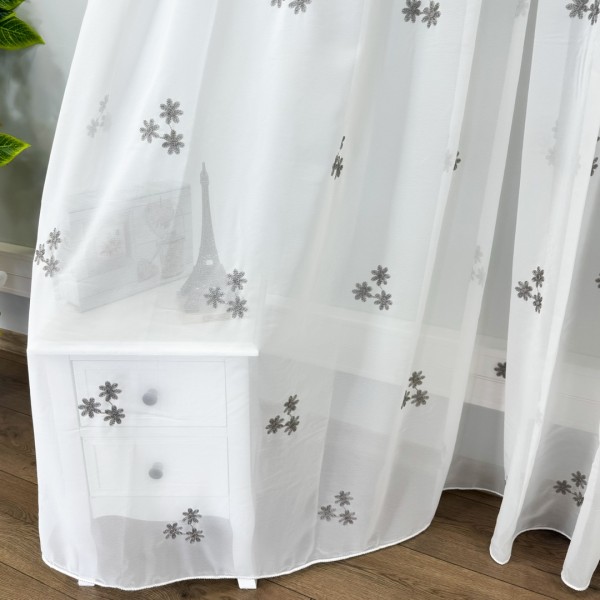 Perdea Anabelle din Voal Brodat - 600cm x 245cm , Rejansa pt. sina , model cu flori gri, Alb [1]