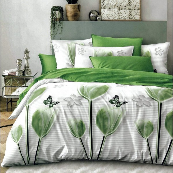 Lenjerie pat dublu,  FINET, 6 piese, cu ELASTIC, Verde, lalele, fluturi [1]