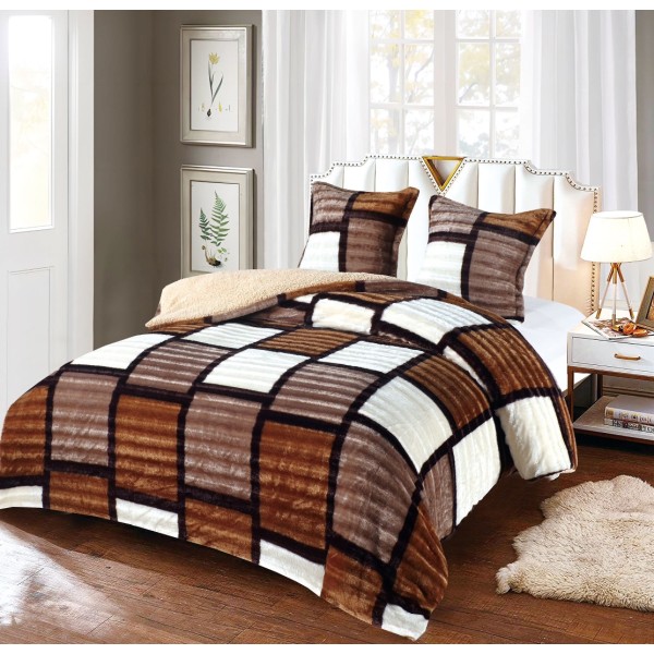 Pilota CoCoLiNo Frizzy cu blanita, matlasata, 200x230cm, cu fete de perna 60x60cm, Crem, Bej, patratele [1]