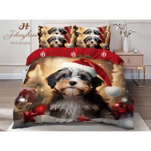 Lenjerie pat dublu,  FINET, Digital Print, Craciun, Bej, Roșu, cățel, bichon
