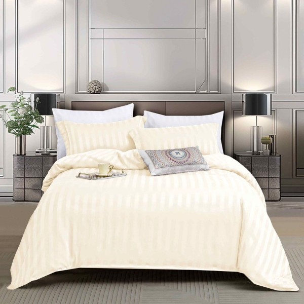 Lenjerie de Pat 140x200cm, HoReCa, 4 Piese din Damasc Finetat - Lux, Confort si intretinere Usoara, Fara Calcare, Crem [1]