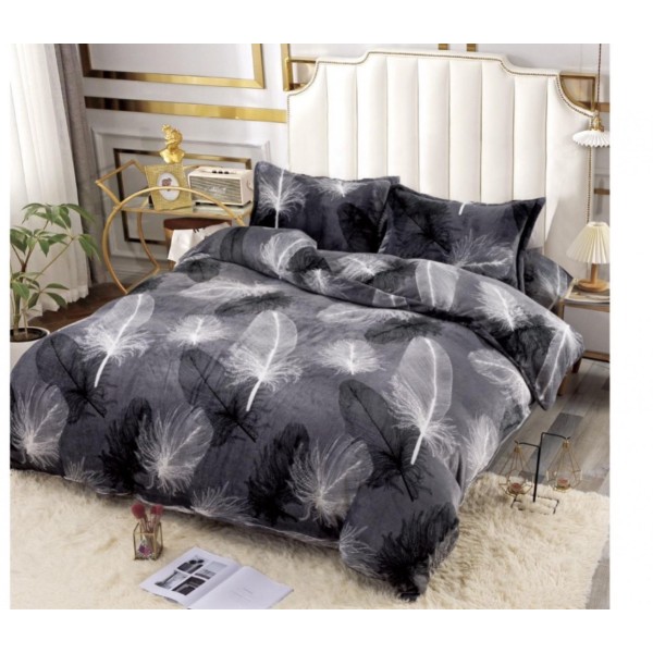 Lenjerie pentru Pat Dublu, Cocolino Premium, 4 Piese – Plușată, Groasă, și Călduroasă, Ideală pentru Iarnă –  Confort Maxim, Antișifonare, Gri, pene [1]