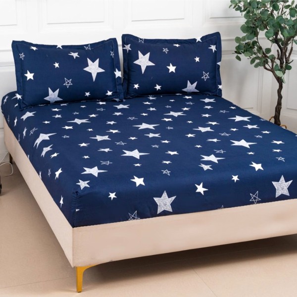 Cearsaf cu elastic, Bumbac Satinat, 160/180x200cm, 2 fete de perne 50x70cm, Albastru, stelute [1]