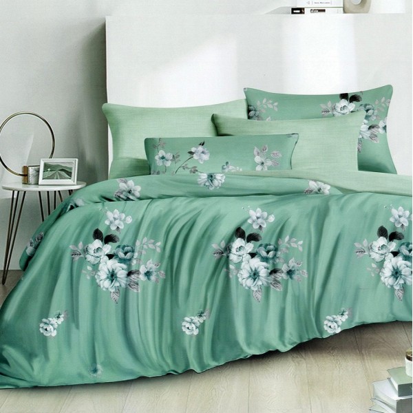 Lenjerie pat dublu,  FINET, 6 piese, Verde, flori [1]