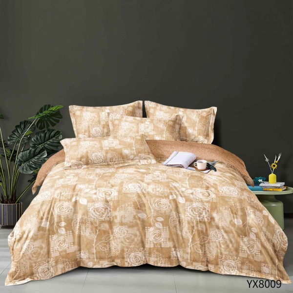 Lenjerie pat 140x200cm,  FINET, cu elastic, 4 piese, Bej, Alb, Trandafiri [1]