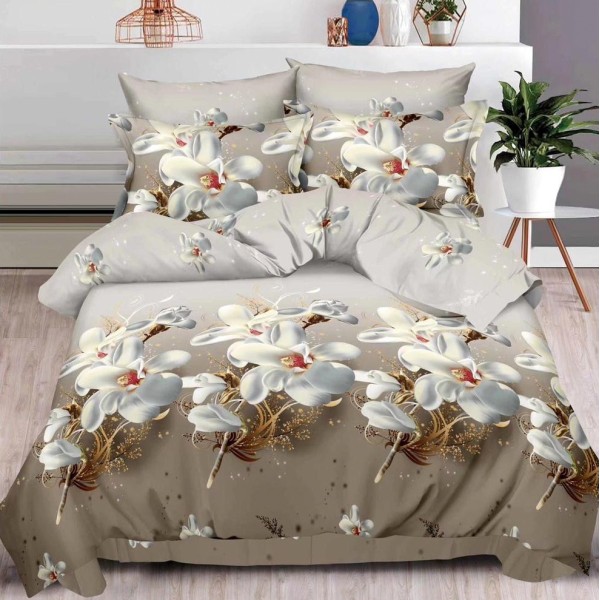 Lenjerie pat dublu, 6 PIESE, IMPRIMEU 3D Multiplicat, Gri-Bej, flori [1]