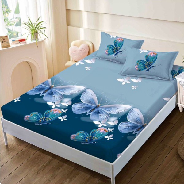 Cearsaf cu elastic, FINET, 160x200cm, 2 fete de perne 50x70cm, Albastru, Fluturi – confort si eleganta pentru patul tau [1]