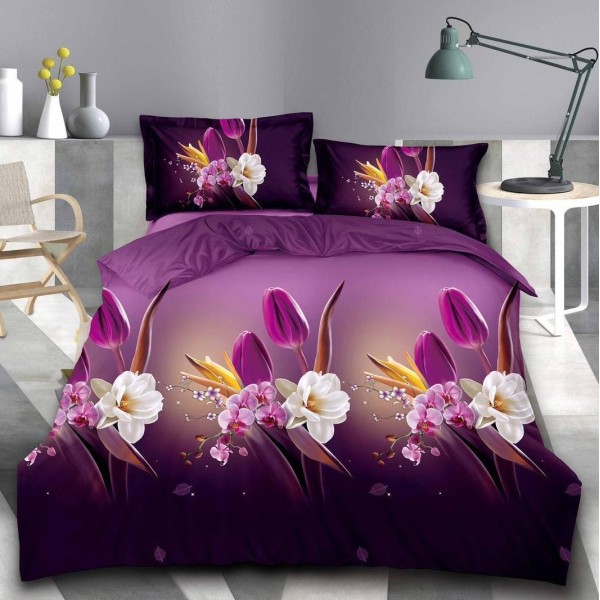 Lenjerie pat dublu (140x200cm, 160x200cm, 180x200cm), cearsaf clasic, imprimeu 3D, Mov, flori [1]