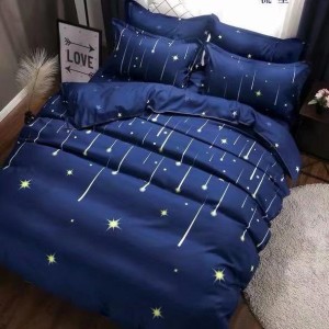 Lenjerie pat dublu (140x200cm, 160x200cm, 180x200cm), bumbac satinat, cearsaf clasic, 4 piese,  Albastru, stelute Lenjerie pat dublu (140x200cm, 160x200cm, 180x200cm), bumbac satinat, cearsaf clasic, 4 piese,  Albastru, stelute