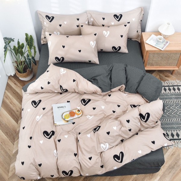 Lenjerie pat 140x200cm, 4 piese, cu ELASTIC,  Maro, inimioare [1]