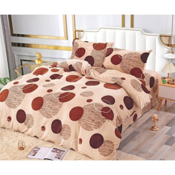 Lenjerie pentru Pat Dublu, Cocolino Premium, 4 Piese – Plușată, Groasă, și Călduroasă, Ideală pentru Iarnă –  Confort Maxim, Antișifonare, Crem, Maro, buline [1]