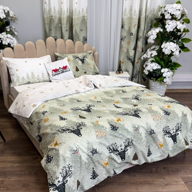 Set Lenjerie Pat Dublu Crăciun 4 Piese + 2 Draperii 150x235cm din Bumbac Ranforsat – Confort și Eleganță, Fabricat în România, Bej, Alb, reni