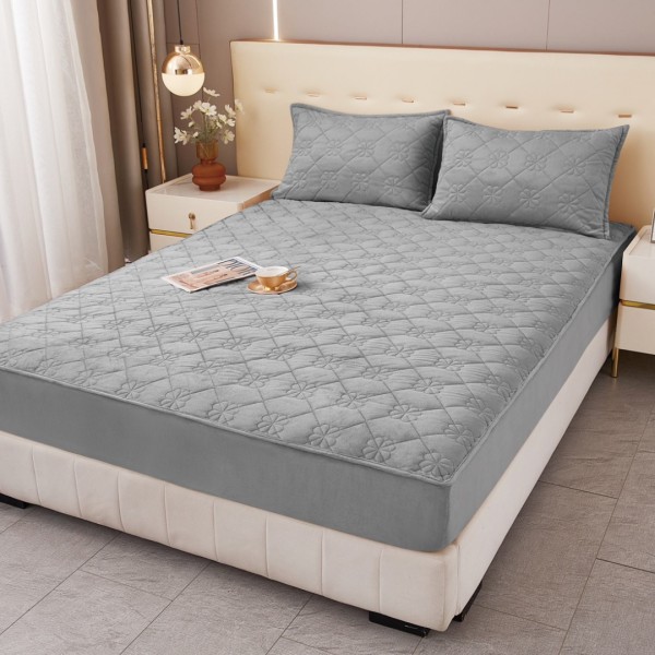 Husă Matlasată Tip Topper din Catifea 180x200cm, cu 2 Fețe de Pernă 50x70cm -  Somn Odihnitor și Susținere pentru Spate, Gri deschis [1]