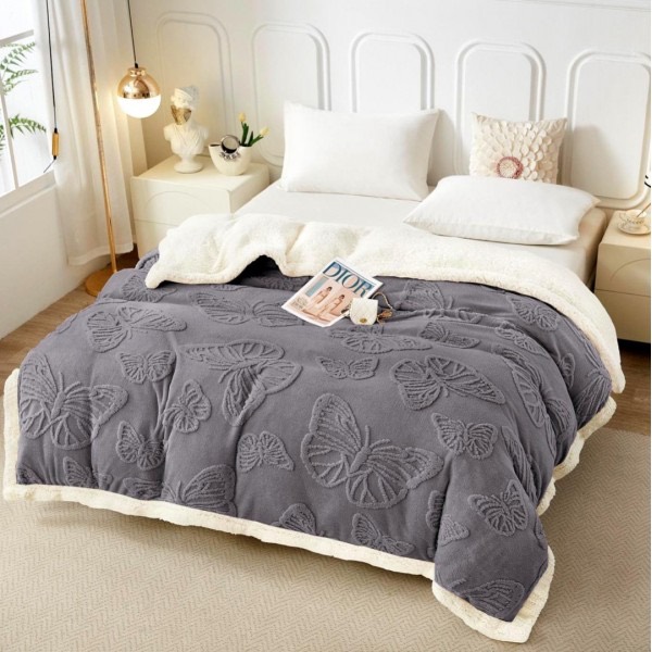 Pătură Super Soft Cocolino cu Blăniță, 200x230 cm – Eleganță și Căldură cu Model 3D în Relief, Fluturi Delicați, Gri inchis [1]