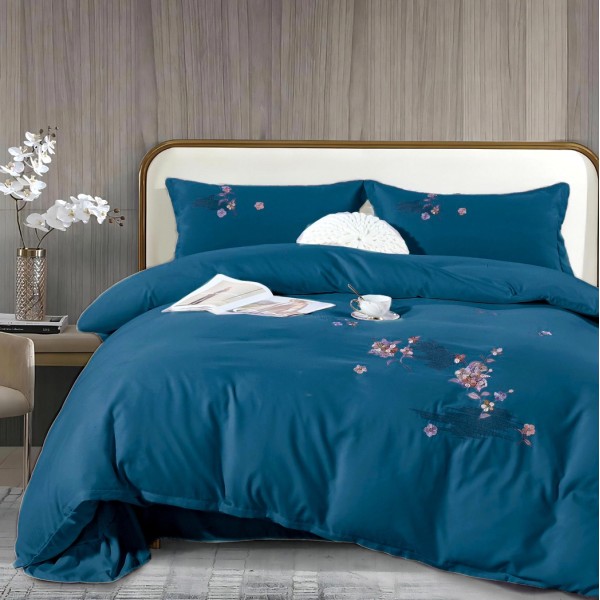 Lenjerie pat dublu, Finet All Season Deluxe cu BRODERIE, 4 piese, Albastru inchis [1]