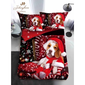 Lenjerie pat 1 PERSOANA, BUMBAC FINET, 4 piese, Identică cu Poza, Craciun, Roșu, Negru, cățel, fulgi de nea