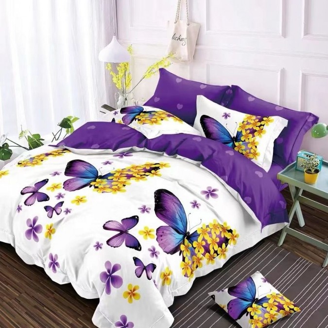 Lenjerie pat dublu cu două feţe, 4 piese, Bumbac Satinat Superior, Mov, fluturi, flori