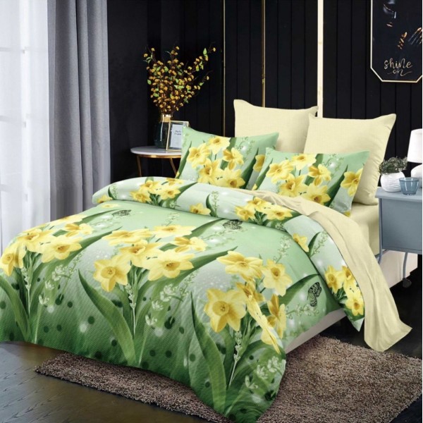 Lenjerie pat dublu,  FINET, cu elastic, 6 piese, Verde, Galben, Narcise [1]