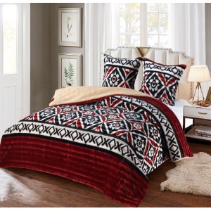 Pilota CoCoLiNo Frizzy cu blanita, matlasata, 200x230cm, cu fete de perna 60x60cm, Rosu, Alb, flori, romburi