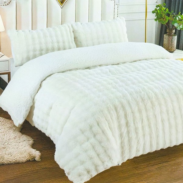 Pilota Groasă cu Fața din Blăniță Artificială de Iepure și Dos din Blăniță Sherpa Alba, Umplutură Vatelină Siliconică, 200x230 cm + 2 fete de perna 50x70cm - Confort Termic Premium și Eleganță pentru Nopți Racoroase, Crem [1]