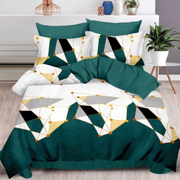 Lenjerie pat dublu (160x200cm, 180x200cm),  FINET, 6 piese, cu ELASTIC, Verde, forme geometrice [1]