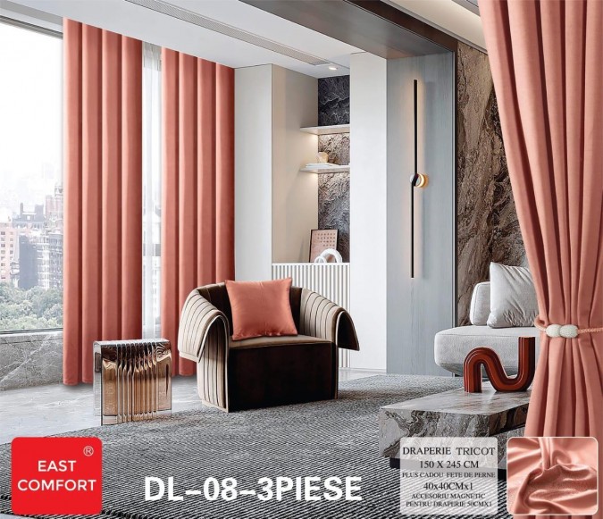 Draperie din Tercot Luxury, cu inele încastrate, East Confort,150x245cm, cu Șnur Magnetic și Față de Pernă Decorativă – Calitate Premium pentru Confortul Tău, Coral