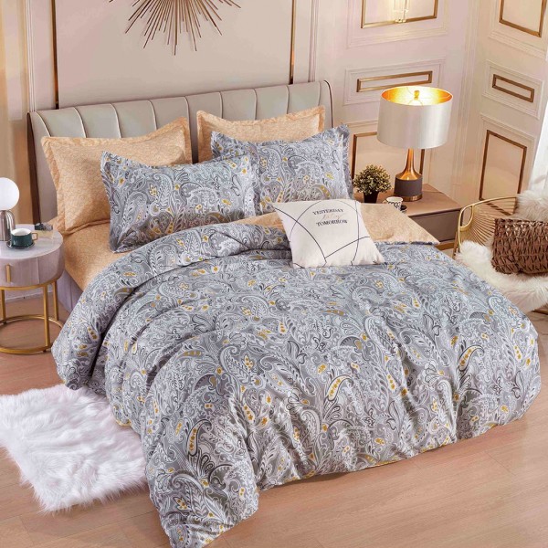 Lenjerie pat dublu,  FINET, 6 piese, Jojo Home, Gri, model floral [1]