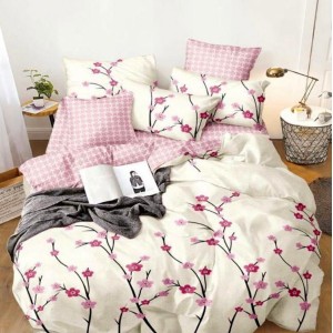 Lenjerie pat dublu, bumbac satinat, cearsaf clasic, 4 piese,  Roz, flori de cires