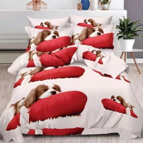 Lenjerie pat dublu, 6 PIESE, IMPRIMEU 3D Multiplicat, Rosu, catei [1]