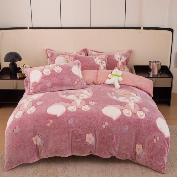 Lenjerie pat 1 PERSOANA, Super Pufoasa COCOLINO, 4 piese, Jojo Home, Roz, pisicute [1]