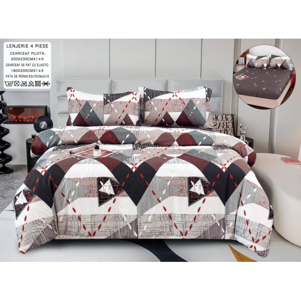 Lenjerie pat dublu, bumbac satinat,  Cearsaf cu ELASTIC 180x200cm, 4 PIESE, Crem, Maro, Gri, forme geometrice [1]