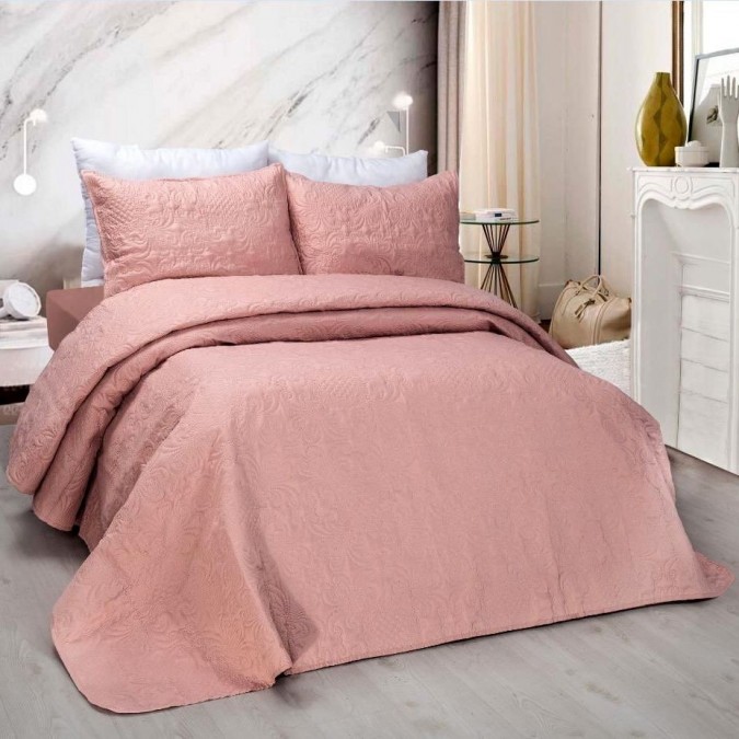 Cuvertura matlasata ultralux, pentru pat dublu, 220x240cm si 2 fete de perne 50x70, Roz pudra