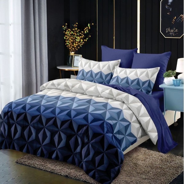Lenjerie pat dublu,  FINET, cu elastic, 6 piese, Albastru, forme geometrice [1]