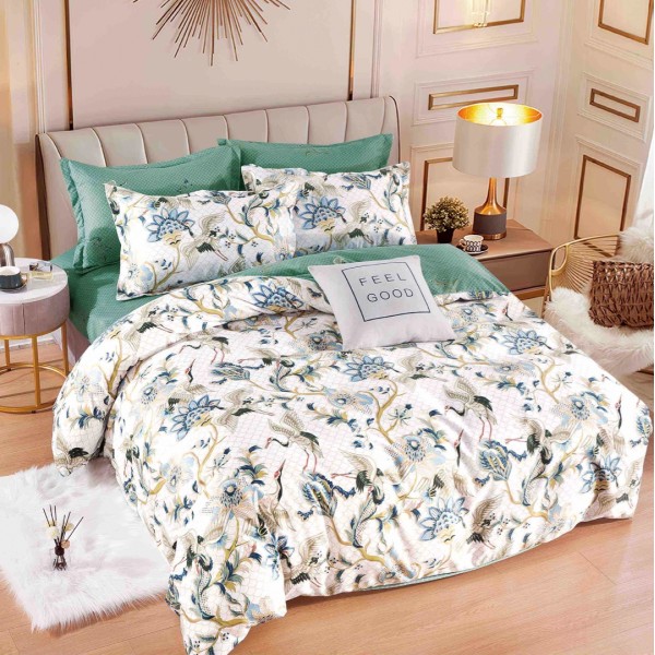 Lenjerie pat dublu,  FINET, 6 piese, Jojo Home, Verde, flori [1]