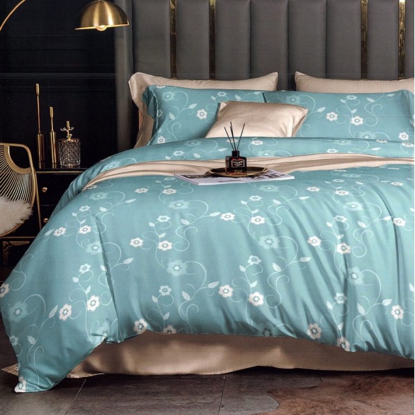 Lenjerie pat dublu,  FINET, 6 piese, Bleu, flori [1]