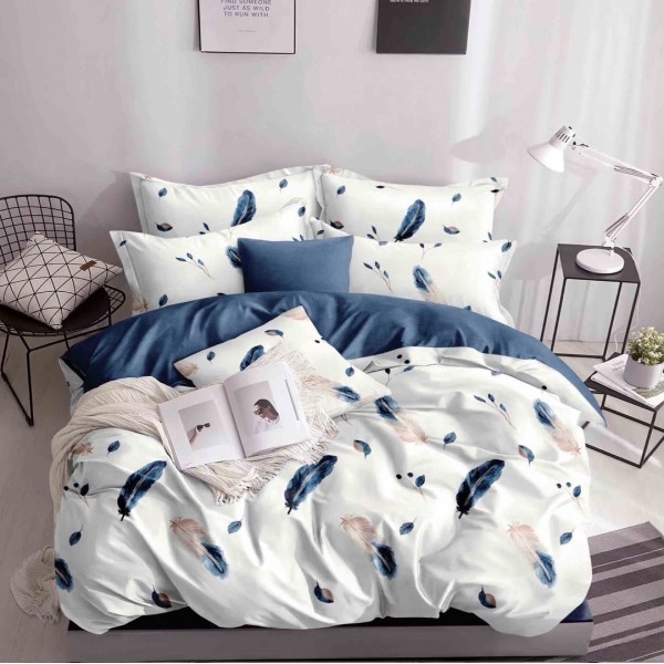 Lenjerie pat 140x200cm, 4 piese, cu ELASTIC,  Albastru, pene [1]