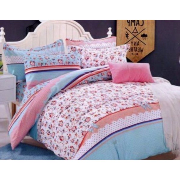 Lenjerie pat dublu,  FINET, 6 piese, Roz-Bleu, flori [1]