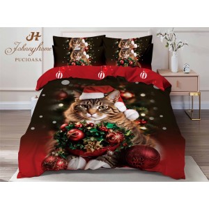 Lenjerie pat dublu,  FINET, Digital Print, Craciun, Roșu, Negru, pisicuta