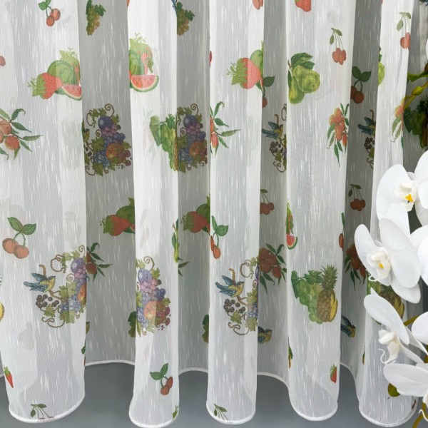Perdea pentru Bucatarie din IN imprimat - 500cm x 220cm,  Rejansa pt. bara , Alb cu fructe [1]