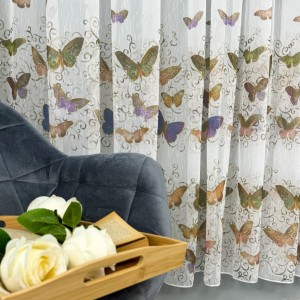 Perdea pentru Bucatarie tip IN imprimat, Alb cu fluturi, 100cm latime x 200cm inaltime, cu rejansa pt bara