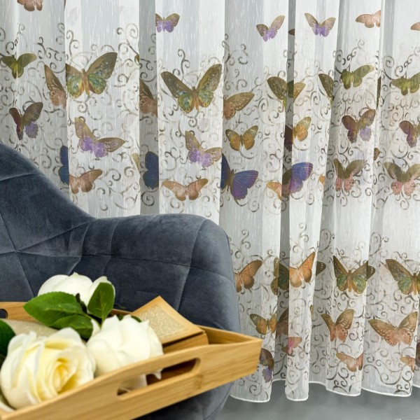 Perdea pentru Bucatarie din IN imprimat - 500cm x 220cm , Rejansa pt. bara ,  Alb cu fluturi [1]
