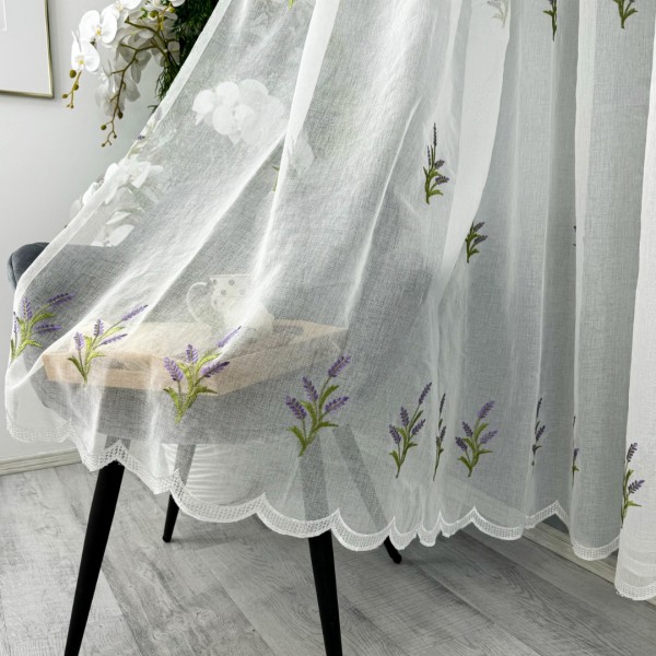 Perdea pentru Bucatarie din IN brodat, Alb cu lavanda, 500cm x 220cm , Rejansa pentru bara  [1]