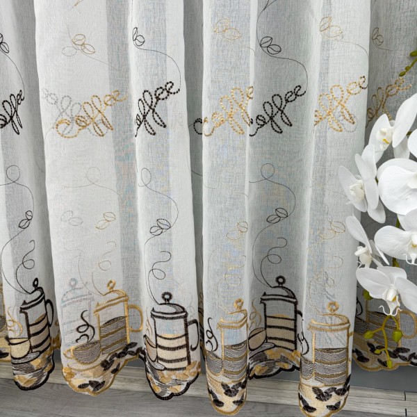 Perdea pentru Bucatarie din IN brodat ,Alb cu Cafea V1- 500cm x 220cm, Rejnasa pt. bara   [1]